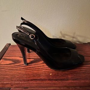 Cole Haan Women's Size 9B Black Patent Leather Peep Toe High Heel Slingbacks